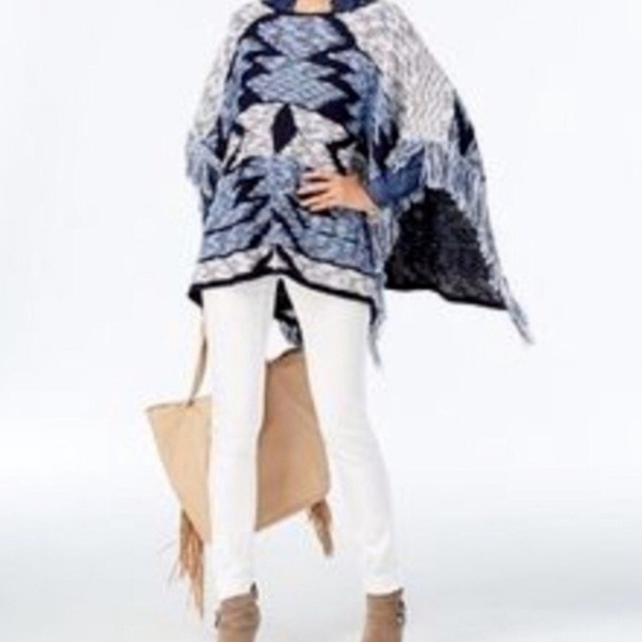 INC International Concepts Blue Aztec Southwestern Print Fringed Poncho Sweater - Picture 3 of 7